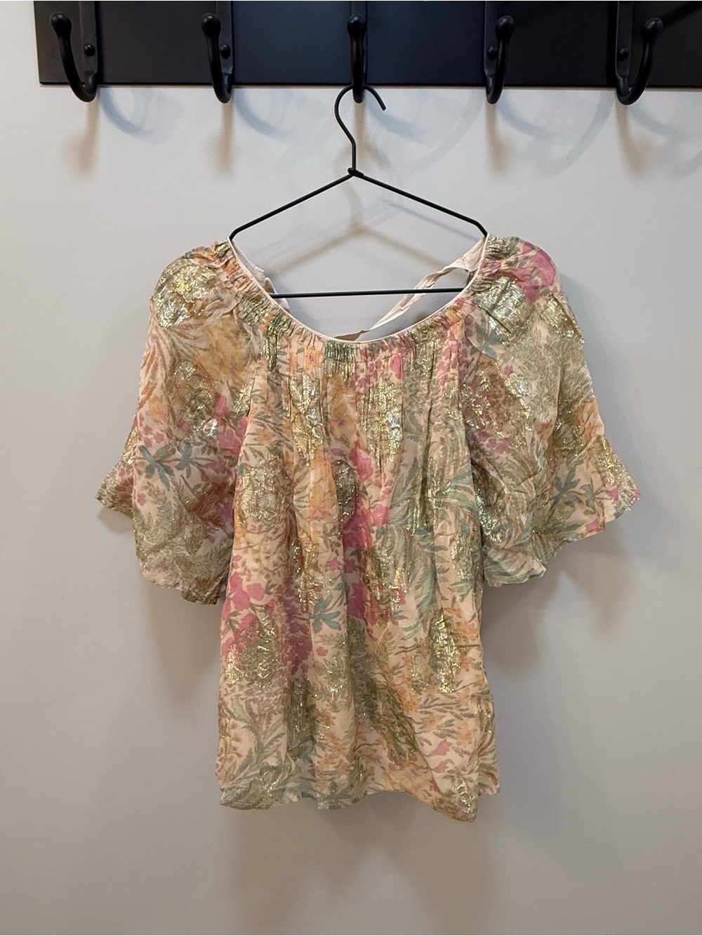 LOFT Pink Green Floral Metallic Puff-Sleeve Blouse
